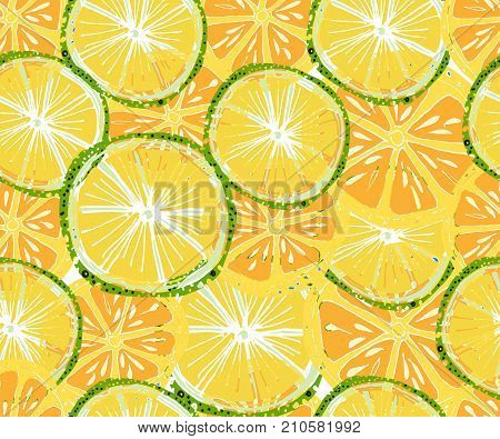 Vector tropical pattern. Fresh ripe lime and orange palm leaves. Hand drawn seamless background.