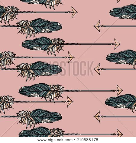 Boho style. Seamless pattern with athnic arrow with beautiful feathers on pink background.