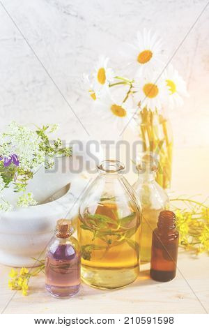 Bottles with natural aroma of essential oils mortar and wild flowers Spa concept. Herbal medicine.