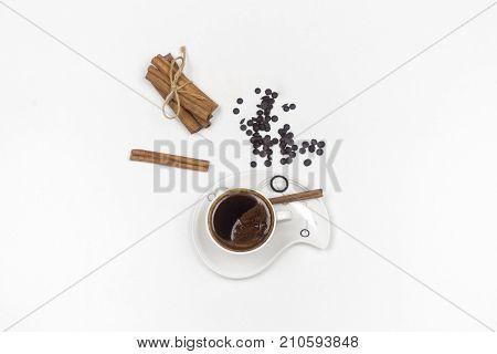 Turkish coffee top view and cinnomon aroma.