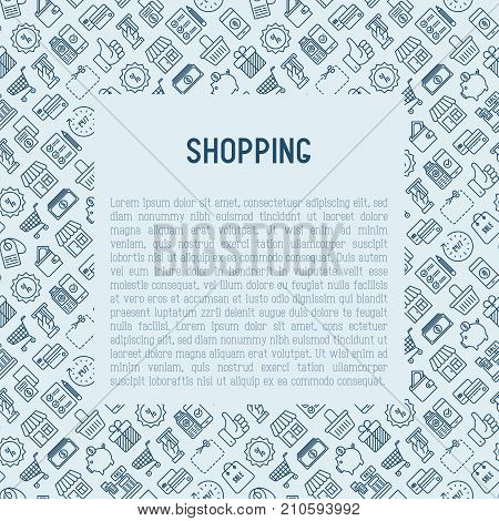 Shopping concept with thin line icons: cashbox, payment, pos terminal, piggy bank, sale, currency, credit card, trolley. Template for web page of online shop. Vector illustration with place for text.