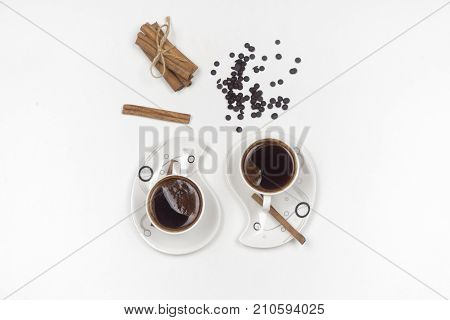 Turkish coffee top view and cinnomon aroma.