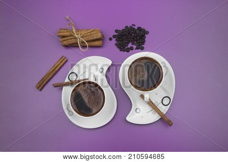 Turkish coffee top view and cinnomon aroma.