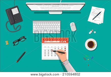 Paper spiral wall calendar and hand with pen. Save the date. Calendar flat icon. Schedule, appointment, organizer, timesheet, important date. Vector illustration in flat style