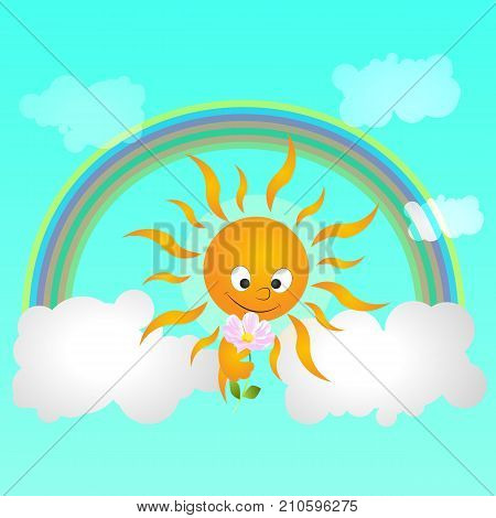 Illustration of a smiling sun which extends hands to give a flower