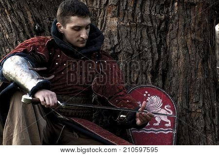 Knight sitting near the tree and view his sword