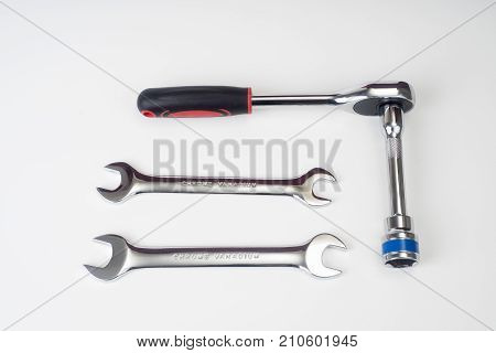 Workshop scene. Tools on the table and board.