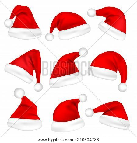 Christmas Santa Claus Hats Set. New Year Red Hat Isolated on White Background. Vector illustration.