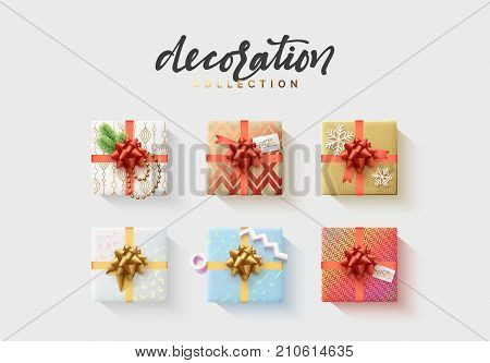 Set of colorful wrapped gift boxes. Lots of presents. Flat decoration collection.