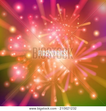 Set of colorful and bright vector fireworks on dark background. Vector illustration for your graphic design.