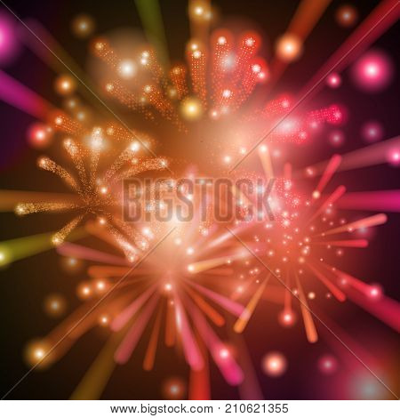 Set of colorful and bright vector fireworks on dark background. Vector illustration for your graphic design.