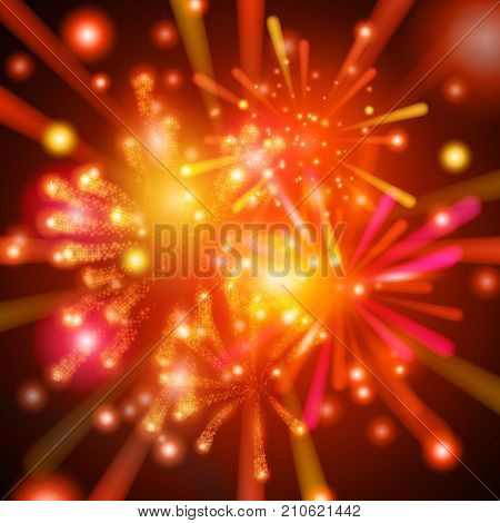 Set of colorful and bright vector fireworks on dark background. Vector illustration for your graphic design.