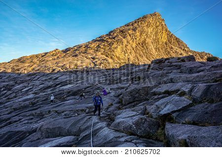 Mount Kinabalu,Ranau,Sabah,Malaysia-March 12,2016:View from the top of the majestic mount Kinabalu in Kinabalu national,Sabah during morning sunrise.Its the highest mountain in Malaysia is one of Borneo's most popular tourist attractions & climbers.