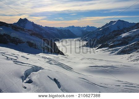 Aletsch glacier and mountains. View from Jungfraujoch Switzerland.