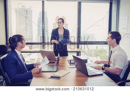 Businesswoman Presentation To A Group In Meeting.