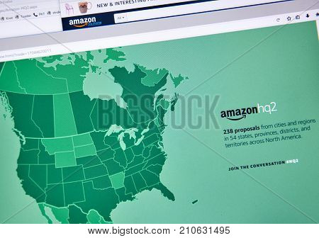 MONTREAL CANADA - OCTOBER 24 2017: Amazon second headquarter description and map on official website. Amazon HQ2 will be Amazon's second headquarters in North America.