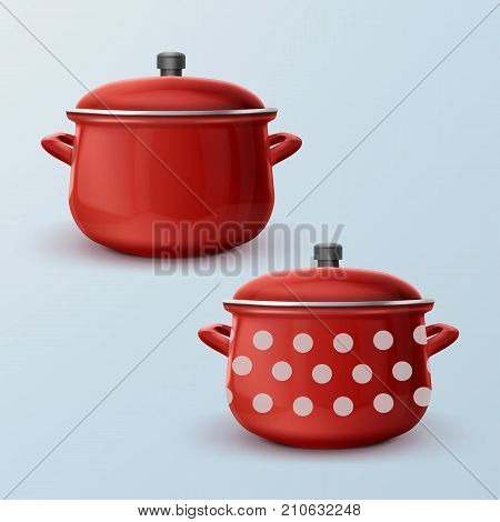 Vector red enamel saucepan with white dot and without. Isolated on background