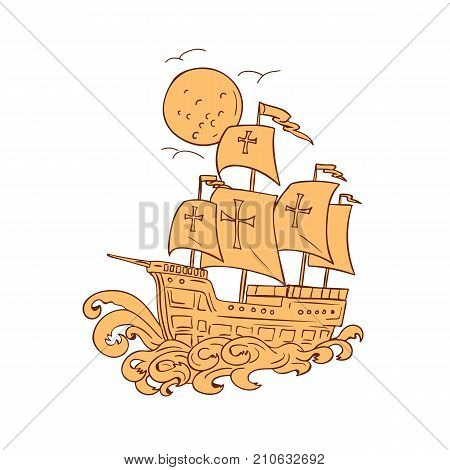 Drawing sketch style illustration of a caravel, a small, fast Spanish or Portuguese sailing ship of the 15th-17th centuries with moon in the background.