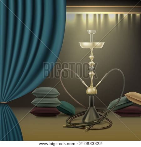 Vector big nargile for tobacco smoking made of metal with long hookah hoses, pillows and curtains
