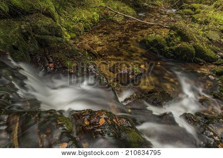 Javori Creek In Krkonose Mountains National Park In Autumn Color Day