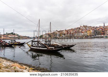 Porto, Portugal - July, 2017. Porto, Portugal Old Town Cityscape On The Douro River With Traditional