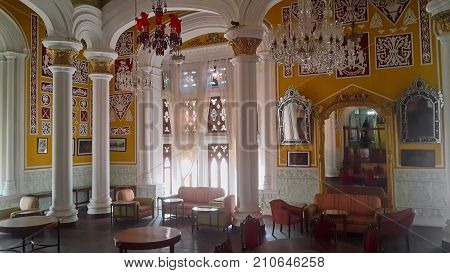 BENGALURU INDIA - FEBRUARY 20 2017: Interior decoration of famous Bangalore Palace. It was private residence of the royal Wodeyar family. It is filled with rare collection of art and paraphernalia from a bygone era.