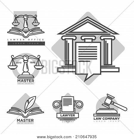 Law company logotypes collection in grey color isolated on white. Vector poster of symbols and signs characterising justice and legal rules, special scales and gavel, lawyer office logo design