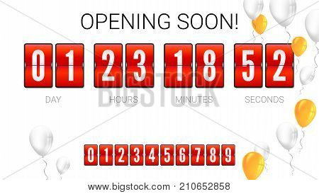 Opening soon, analog flip clock timer, card with flying up inflatable balloons. Template of countdown timer, clock counter. Red mechanical clock for countdown with set of numbers, 3D illustration.