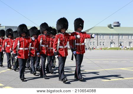 Quebec City, Canada - Jul 25, 2012: The Canadian soldiers from Royal 22e Regiment are having the traditional Changing of Guard ceremony in the historical 