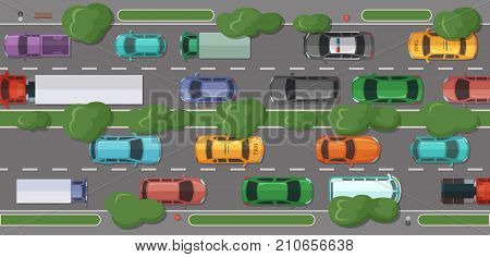 Vector highway with a lot of cars and vehicles with grass and trees dividing and on sidelines top view illustration