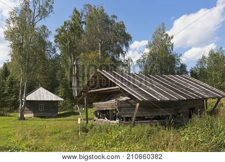 Tsypina, District of Kirillov, Vologda region, Russia - August 9, 2015: Upper octagon of the church of Ilya the Prophet is stored under a shed on churchyard Tsypinskom Kirillov district of Vologda region