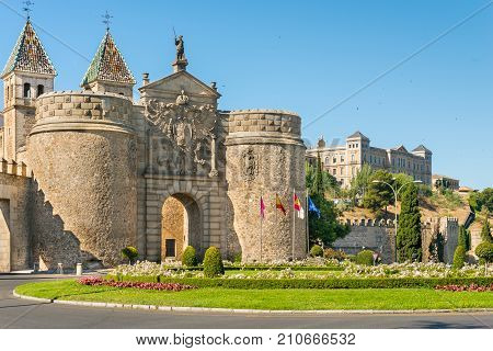 Puerta de Bisagra or Alfonso VI Gate in city of Toledo Spain.
