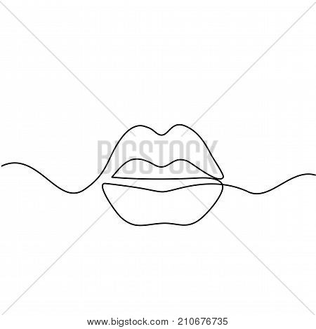 Continuous line drawing. Beautiful Woman lips logo. Black and white isolated outline vector illustration. Concept for logo, card, banner, poster, flyer