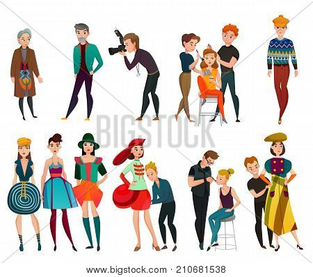 Set of people in fashion industry including models, designer, stylist photographer, makeup artist isolated vector illustration