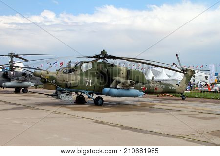 Moscow Region - July 21 2017: Military Helicopter Mi-28N at the International Aviation and Space Salon (MAKS) in Zhukovsky.