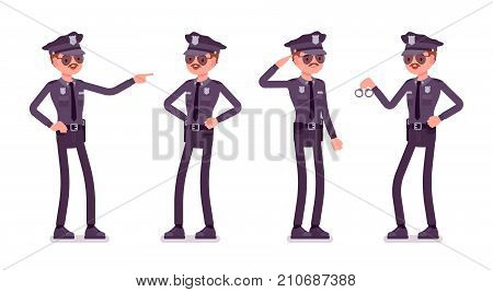 Young policeman happy to carry out his duties and responsibilities, physically fit, having professional skill set. Vector flat style cartoon illustration isolated on white background