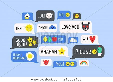 Cloud of messages with cute emoji. Speech bubbles with text and smileys. Ideograms or funny symbols to express different emotions in electronic chatting or messaging. Colorful vector illustration