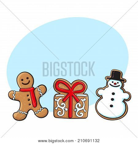 Glazed gingerman, snowman present box Christmas gingerbread cookies, sketch vector illustration isolated on white background with speech bubble