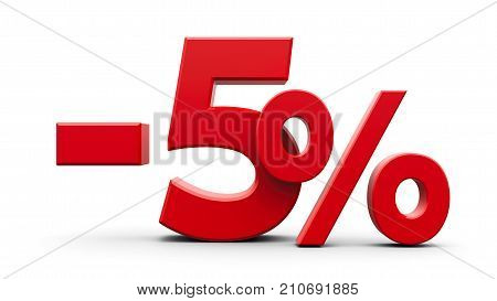 Red minus five percent sign isolated on white background three-dimensional rendering 3D illustration