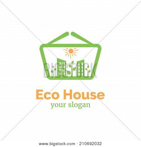 Vector logo template for eco house. Illustration of tall buildings trees sun in shopping basket. Eco product sign. EPS10. Countryside village.