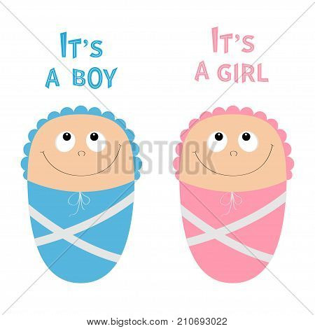 Baby shower card. Its a boy girl. Cute cartoon character set. Funny head looking up. Smiling face with eyes nose mouth smile. Pink swadding cloth and hat. Flat design. White background. Vector