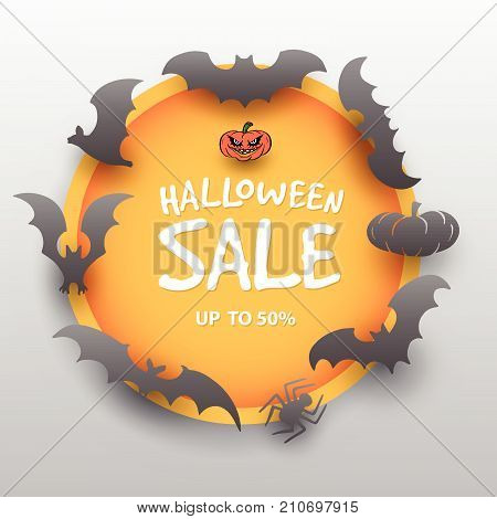 Halloween sale offer design template. Halloween sale lettering over orange circle with bats. Cartoon style vector illustration
