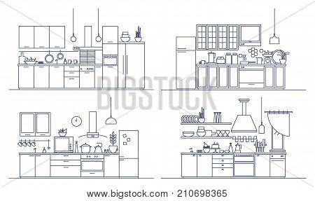 Set of kitchens furnished with modern furniture, household appliances, cooking facilities and home decorations. Bundle of comfy interiors drawn in line art style. Monochrome vector illustration