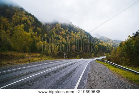 Federal highway M-52 Chuysky tract, asphalt road with markings among the autumn trees. Russia, the Altai Republic.