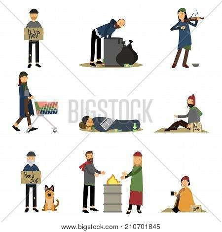 Homeless people and vagabonds begging money, needing help set of cartoon vector illustrations isolated on a white background