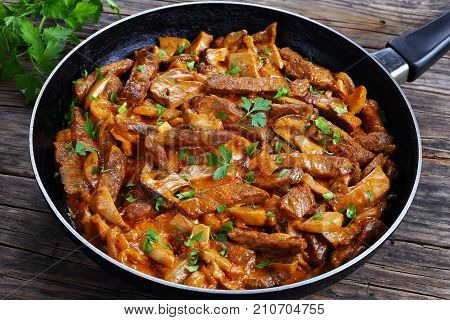 Close-up Of Tasty Beef Stroganoff With Mushrooms