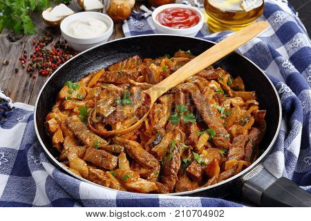 delicious beef stroganoff with porcini stewed in sour cream