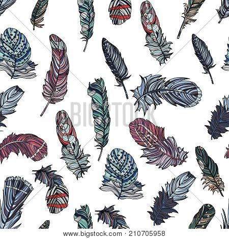 Seamless pattern with hand drawn feathers on white background. Vector illustration.
