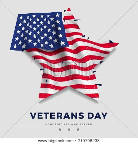 Veterans day poster, realistic flag of America with fold in the shape of star and text on gray background and. 3d illustration. Vector