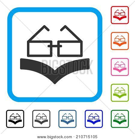 Reading Glasses icon. Flat gray pictogram symbol in a light blue rounded squared frame. Black, gray, green, blue, red, orange color versions of Reading Glasses vector.